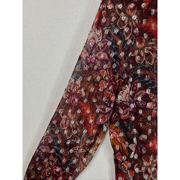 LOFT Metallic Floral Blouse Brown Red Sheer Boho Fall Top Long Sleeve Lined L - Picture 16 of 16